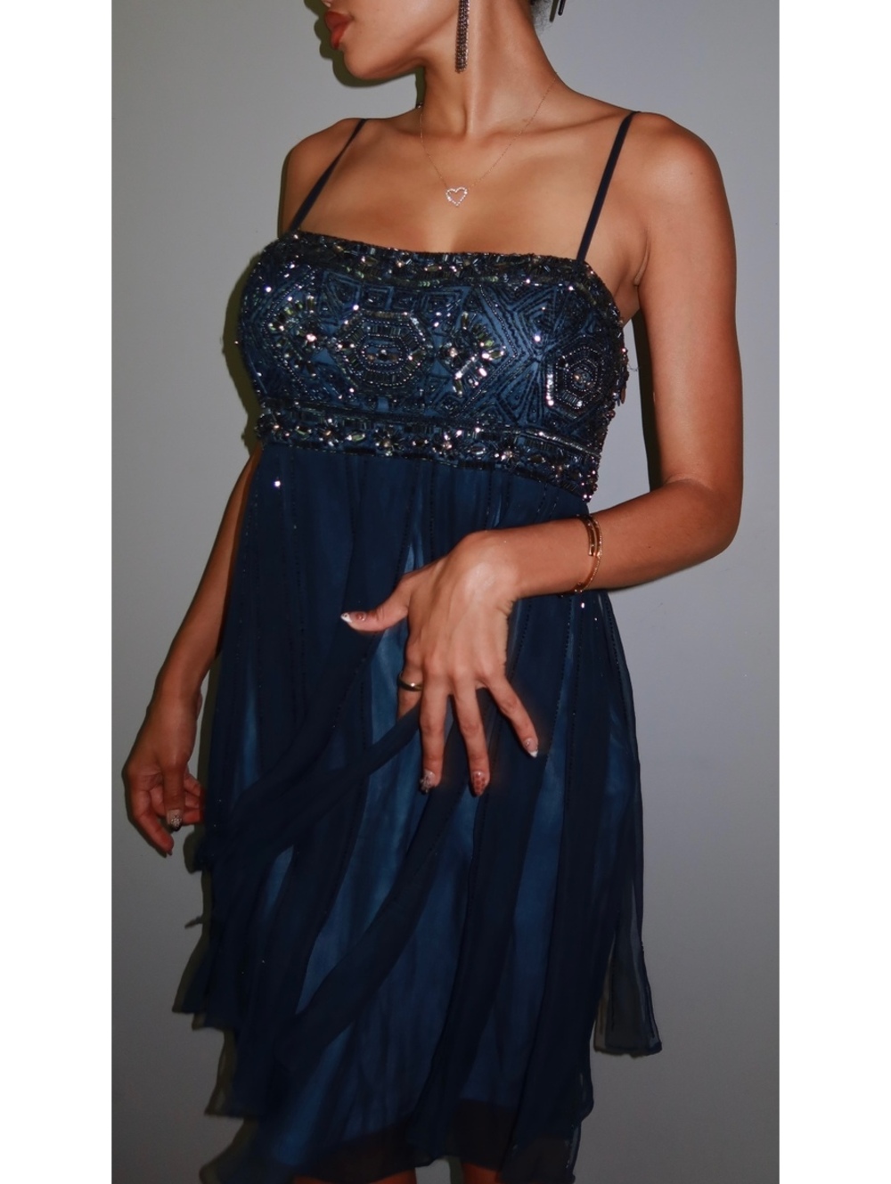 Vintage Y2K 100% Silk Navy Beaded Babydoll Midi Dress